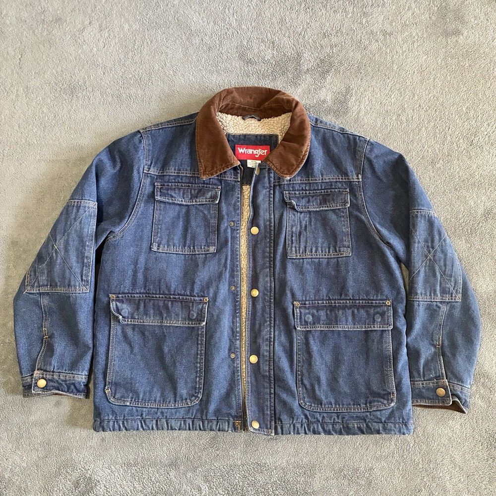 Wrangler Sherpa Lined Denim Jacket Corduroy Collar Chore Coat XL BROKEN ZIPPER